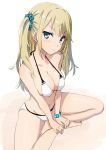  1girl barefoot bikini blonde_hair blue_eyes blush bracelet breasts character_request collarbone copyright_request gochou_(atemonai_heya) hair_ornament hair_scrunchie indian_style jewelry long_hair looking_at_viewer medium_breasts navel scrunchie side_ponytail sitting solo swimsuit v_arms white_bikini 