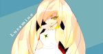  1girl bananaman bare_arms blonde_hair blue_background breasts character_name closed_mouth colored_eyelashes dress gem green_eyes hair_over_one_eye highres long_hair lusamine_(pokemon) mature medium_breasts pokemon pokemon_(game) pokemon_sm smile solo upper_body very_long_hair white_dress 