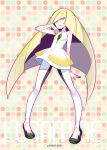  1girl bangs bare_arms blonde_hair blunt_bangs character_name dress empty_eyes full_body gem green_eyes leggings long_hair lusamine_(pokemon) mature nishimura_eri open_mouth open_toe_shoes pokemon pokemon_(game) pokemon_sm shoes sleeveless sleeveless_dress smile solo standing twitter_username very_long_hair white_dress 