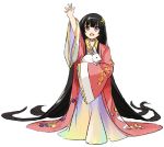  1girl :d absurdly_long_hair animal arm_up bangs black_hair eyebrows eyebrows_visible_through_hair floral_print flower full_body hair_flower hair_ornament holding_animal houraisan_kaguya japanese_clothes kimono long_hair long_sleeves lowres neko_(yanshoujie) open_mouth print_kimono rabbit simple_background smile solo standing the_sealed_esoteric_history touhou very_long_hair violet_eyes white_background wide_sleeves younger 