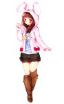  1girl animal_ears animal_hood bangs boots brown_boots brown_eyes brown_hair bunny_hood closed_mouth d.va_(overwatch) emphasis-lest eyebrows eyebrows_visible_through_hair facepaint facial_mark frilled_skirt frills full_body hand_up hood hood_up hoodie jewelry knee_boots legs_together long_sleeves necklace open_clothes open_hoodie overwatch pink_lips rabbit_ears shirt skirt solo transparent_background whisker_markings 