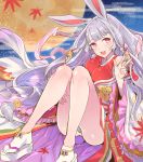  1girl :d animal_ears ass breasts full_moon granblue_fantasy grey_panties hair_ornament kaguya_(granblue_fantasy) knees_up long_hair looking_at_viewer moon open_mouth panties rabbit_ears sandals silver_hair sitting smile socks solo tajima_ryuushi underwear violet_eyes w white_legwear 