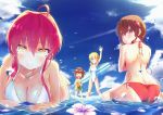  4girls :d ahoge apple_hair_ornament arm_up ass back ball bangs barefoot beachball bikini bird blonde_hair blue_eyes blue_sky blush bob_cut breasts brown_eyes brown_hair cleavage closed_eyes clouds commentary day dove eyebrows eyebrows_visible_through_hair flower food_themed_hair_ornament grin hair_between_eyes hair_ornament halter_top halterneck hibiscus holding_ball large_breasts looking_at_viewer looking_back lying multiple_girls ocean on_stomach one-piece_swimsuit one_eye_closed open_mouth original outdoors pink_hair red_bikini short_hair short_twintails sitting sky smile soles sparkle splashing standing surfboard swimsuit twintails untied untied_bikini wariza water waving wet white_bikini white_flower yellow_eyes zongmao 
