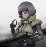  1girl bangs black_gloves blunt_bangs bullet cyclops finger_on_trigger fingerless_gloves gloves gun highres imperator-shiro manako monster_girl monster_musume_no_iru_nichijou muted_color one-eyed partly_fingerless_gloves purple_hair rifle short_hair sketch sniper_rifle solo uniform upper_body violet_eyes weapon 