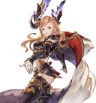  1girl arm_guards gloves granblue_fantasy hair_ornament long_coat long_hair looking_at_viewer midriff minaba_hideo open_mouth orange_hair shorts simple_background smile solo song_(granblue_fantasy) thigh-highs transparent_background white_gloves 
