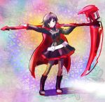  1girl black_hair boots cape crescent_rose iesupa looking_at_viewer pantyhose red_cape ruby_rose rwby scythe short_hair smile solo 