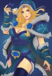  1girl artist_request blonde_hair blue_eyes breasts cape defense_of_the_ancients dota_2 forehead_jewel fur_trim hood long_hair rylai_crestfall solo 