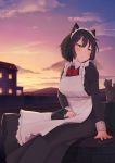  1girl absurdres animal_ears apron arapi bangs black_dress black_hair blush bob_cut bow bowtie breasts cat cat_ears cat_on_lap clouds collared_shirt commentary dress frilled_apron frills frown highres house large_breasts looking_away maid original outdoors red_bow red_bowtie shirt sitting sky solo sunset yellow_eyes 