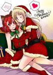  2girls :0 ;) animal_ears arm bare_arms bare_legs bare_shoulders bell belt between_legs blonde_hair blush boots bow bowtie box breasts capelet cat_ears chinese christmas cleavage couple dress elbow_gloves embarrassed english eye_contact eyebrows_visible_through_hair fake_animal_ears fei_cai_xiao_r female fur_trim gift gift_box girl_on_top gloves green_bow hair_between_eyes hair_ribbon hairband hat heart highres izetta large_breasts leaning leaning_back leaning_forward legs long_hair looking_at_another medium_breasts merry_christmas multiple_girls off_shoulder one_eye_closed open_mouth ortfine_fredericka_von_eylstadt red_boots red_capelet red_dress red_eyes red_gloves redhead ribbon santa_boots santa_costume santa_gloves santa_hat short_hair shuumatsu_no_izetta shy sitting smile spoken_blush spoken_heart straddling strapless strapless_dress sweatdrop translation_request undressing violet_eyes wavy_mouth wink yuri 