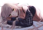  1girl :/ black_shirt blush bottomless breasts cleavage closed_mouth fate/grand_order fate_(series) grey_hair jeanne_alter long_hair long_sleeves looking_at_viewer lying medium_breasts off_shoulder on_side ruler_(fate/apocrypha) shirt sidelocks solo sushimaro translation_request yellow_eyes 