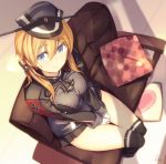  1girl anchor_hair_ornament azumi_akitake black_legwear blonde_hair blue_eyes breasts cushion gloves hair_ornament hat highres iron_cross kantai_collection large_breasts long_hair long_sleeves looking_up microskirt military military_hat military_uniform peaked_cap prinz_eugen_(kantai_collection) skirt smile solo thighs twintails uniform v_arms white_gloves 