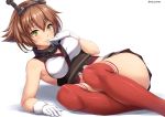  1girl ass bare_shoulders black_skirt blush breasts brown_hair check_commentary collar commentary_request eyebrows eyebrows_visible_through_hair finger_to_mouth gloves green_eyes hair_between_eyes headgear kantai_collection lips looking_at_viewer lying midriff mutsu_(kantai_collection) on_side pleated_skirt red_legwear sakiyamama seductive_smile shadow shiny shiny_clothes short_hair simple_background skirt smile solo striped striped_legwear thigh-highs thighs twitter_username white_background white_gloves 