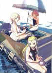  1girl 3girls ass assam bangs bikini blonde_hair blue_eyes blue_swimsuit braid breasts butt_crack character_name collarbone cup darjeeling english girls_und_panzer ground_vehicle hair_ribbon hair_slicked_back highres holding holding_cup large_breasts light_smile long_hair looking_at_viewer looking_back motor_vehicle multiple_girls nenchi one-piece_swimsuit open_mouth orange_hair orange_pekoe pouring ribbon saucer scan short_hair side-tie_bikini sideboob sitting small_breasts smile solo st._gloriana&#039;s_(emblem) swimsuit tea teacup teapot thighs tied_hair twin_braids universal_carrier wading water wet white_bikini 