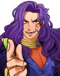  1boy blurry depth_of_field fangs highres jojo_no_kimyou_na_bouken kuroi_kemono long_hair male_focus open_mouth otoishi_akira plectrum purple_hair red_eyes scar scar_across_eye smile solo upper_body 