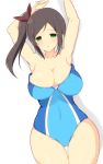  1girl :o alternate_costume armpits arms_up black_hair blue_swimsuit blush breasts brown_ribbon cleavage collarbone covered_navel cowboy_shot curvy gluteal_fold green_eyes hair_ribbon large_breasts looking_at_viewer lying murakumo_(senran_kagura) noeomi on_back one-piece_swimsuit parted_lips ribbon senran_kagura senran_kagura_(series) senran_kagura_shinovi_versus side_ponytail sidelocks solo swimsuit thigh_gap 