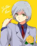  1girl androgynous annoyed bishoujo_senshi_sailor_moon character_name flower formal green_eyes grey_hair looking_at_viewer lowres necktie rose setoumiko short_hair simple_background solo suit yaten_kou yellow_background yellow_rose 