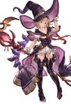  1girl blonde_hair bow brown_eyes capelet djeeta_(granblue_fantasy) full_body gloves granblue_fantasy hat holding looking_at_viewer minaba_hideo puffy_sleeves short_hair short_sleeves simple_background skirt smile solo staff standing thigh-highs witch_hat zettai_ryouiki 