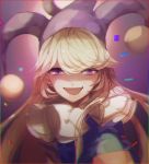  1girl :d bangs blonde_hair chromatic_aberration clownpiece confetti frilled_shirt_collar frills hat jester_cap long_hair looking_at_viewer no-kan open_mouth pink_eyes shaded_face sidelocks smile solo swept_bangs touhou upper_body very_long_hair 
