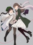  2girls alternate_costume ankle_boots bag bangs black_gloves black_hair blunt_bangs blush boots bow braid brown_eyes brown_hair character_name closed_eyes coat gloves hair_bow hand_holding handbag hat kantai_collection kitakami_(kantai_collection) knee_boots long_hair mittens multiple_girls ooi_(kantai_collection) pantyhose scarf shopping_bag simple_background single_braid skirt smile sweater ume_(plumblossom) 