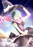  1girl black_dress black_gloves black_hat bow cat dress gloves green_eyes green_hair hat highres long_hair matching_hair/eyes open_mouth original p.rupon scarf solo striped striped_legwear striped_scarf white_bow witch_hat 