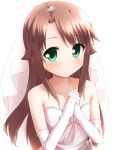  1girl antenna_hair bare_shoulders blush bow bridal_veil bride brown_hair collarbone dress elbow_gloves faubynet frills gloves green_eyes hands_clasped highres interlocked_fingers koshigaya_komari long_hair looking_at_viewer non_non_biyori revision smile solo tiara upper_body veil wedding_dress white_dress white_gloves 