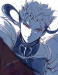  1boy armor blue_hair fate/stay_night fate_(series) gae_bolg lancer male_focus monochrome polearm ponytail red_eyes simple_background solo spear spot_color upper_body weapon white_background 
