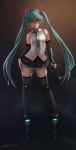 1girl artist_name bare_shoulders black_boots black_skirt blue_eyes blue_hair blue_nails blue_necktie blush boots breasts closed_mouth collared_shirt contrapposto detached_sleeves full_body glowing gradient gradient_background hair_between_eyes hand_on_hip hatsune_miku head_tilt headset highres holding_microphone legs_apart lips long_hair long_sleeves looking_at_viewer microphone nail_polish necktie novcel number reflection shirt skirt sleeveless sleeveless_shirt small_breasts smile solo tattoo thigh-highs thigh_boots tiptoes twintails very_long_hair vocaloid wide_sleeves wing_collar zettai_ryouiki 