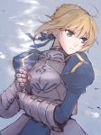  1girl ahoge armor armored_dress blonde_hair blouse dress excalibur fate/stay_night fate_(series) gauntlets green_eyes hair_ribbon holding holding_sword holding_weapon invisible_air knight looking_to_the_side puffy_sleeves ribbon saber solo sword weapon 