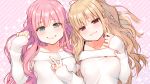  2girls :3 blonde_hair blush braid breasts closed_mouth collarbone eyebrows eyebrows_visible_through_hair fujigasaki_connie fuzuki_fuuro green_eyes hair_between_eyes head_tilt long_hair looking_at_viewer medium_breasts multiple_girls off-shoulder_sweater official_art olive!_believe_&quot;olive&quot;? pink_background pink_hair red_eyes sleeves_past_wrists smile sparkle sweater upper_body v 