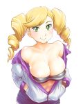  1girl bare_shoulders blonde_hair blush breasts brown_gloves cleavage drill_hair echo_turbine gloves green_eyes gundam gundam_tekketsu_no_orphans hands_in_pockets jacket large_breasts long_hair looking_at_viewer off_shoulder open_clothes short_shorts shorts simple_background smile solo strapless tubetop twin_drills twintails ueyama_michirou white_background 