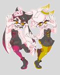  +_+ 2girls aori_(splatoon) black_hair boots bow chips-k cousins detached_collar domino_mask dress earrings eyebrows eyelashes fangs food food_on_head full_body gloves hair_bow hotaru_(splatoon) idol jewelry leg_up looking_at_another mask mole mole_under_eye multiple_girls object_on_head outline pink_legwear pointy_ears splatoon strapless strapless_dress sushi tentacle_hair thick_eyebrows white_gloves white_hair 