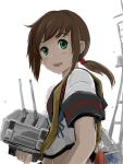  1girl 2016 4suke :d artist_name bangs brown_hair dated fubuki_(kantai_collection) green_eyes kantai_collection low_ponytail open_mouth remodel_(kantai_collection) school_uniform serafuku short_hair short_sleeves simple_background smile solo teeth turret upper_body white_background 