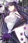  1girl bare_shoulders bloodline breasts daisy_(bloodline) green_eyes holding holding_weapon iotower long_hair looking_at_viewer mace purple_hair shield solo two_side_up very_long_hair weapon 