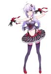  1girl :o domo1220 gloves hair_ornament halterneck long_hair looking_at_viewer low_twintails midriff navel purple_hair ribbon skirt solo striped thigh-highs twintails vertical_stripes violet_eyes vocaloid voiceroid white_background yuzuki_yukari 