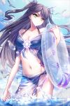  1girl bare_shoulders bikini bird bloodline blue_bikini blue_sky boat breasts cleavage clouds daisy_(bloodline) day green_eyes groin innertube iotower long_hair looking_at_viewer midriff navel ocean outdoors purple_hair sailboat seagull see-through sky solo standing swimsuit very_long_hair wading watercraft 