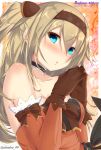  1girl :o bare_shoulders blonde_hair blue_eyes blush bow breasts brown_dress brown_gloves character_name choker dandou dress fingers_together gloves hairband looking_at_viewer medium_breasts original solo strapless strapless_dress sufiana_altberg twitter_username two_side_up upper_body 