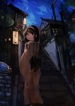 1girl absurdres brown_eyes brown_hair crescent_moon from_behind full_body hairband highres japanese_clothes kaamin_(mariarose753) kantai_collection kimono looking_at_viewer looking_back moon night obi sash short_hair smile solo stairs standing tanikaze_(kantai_collection) 