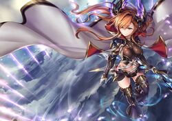  1girl breasts brown_hair cape closed_mouth full_body gloves granblue_fantasy green_eyes groin holding ks long_hair medium_breasts navel ripples smile solo song_(granblue_fantasy) standing white_gloves 