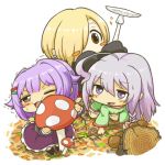  3girls ahoge all_fours arai_(piyohiko_kt) blonde_hair blush brown_eyes chibi commentary_request eyebrows eyebrows_visible_through_hair hair_ornament hair_over_one_eye hairclip hoshi_shouko idolmaster idolmaster_cinderella_girls koshimizu_sachiko long_hair long_sleeves looking_at_viewer multiple_girls mushroom open_mouth purple_hair shirasaka_koume short_hair sleeves_past_wrists trembling violet_eyes 