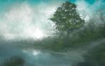  akyuun bare_tree blurry bush clouds commentary fog highres lake lens_flare light nature no_humans original photoshop scenery sky tree water 