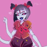  1girl black_hair extra_arms extra_eyes fangs heart insect_girl monster_girl muffet namako_(akisamesyuuta) pink_background puffy_short_sleeves puffy_sleeves purple_skin short_sleeves simple_background smile solo spider_girl twitter_username two_side_up undertale 