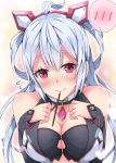  1girl ahoge bare_shoulders blue_hair blush breasts cleavage cleavage_cutout food long_hair looking_at_viewer matoi_(pso2) milkpanda mouth_hold phantasy_star phantasy_star_online_2 pink_eyes pocky solo speech_bubble spoken_blush 