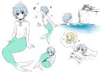  1boy 1girl blonde_hair blue_hair blush character_sheet cliff erubo fish_tail heart holding_pillow jewelry male_focus merman monster_boy music navel necklace ocean on_bed original outdoors partially_colored pillow pillow_hug pointy_ears shell shirtless singing sitting smile solo sparkle thinking thought_bubble white_background 
