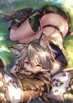  1girl ankle_boots belt blush boots brown_boots brown_eyes butt_crack claws eyebrows eyebrows_visible_through_hair granblue_fantasy grass green_skirt hair_between_eyes ks lying on_ground one_eye_closed sen_(granblue_fantasy) shade skirt solo 