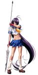  1girl absurdly_long_hair absurdres antenna_hair blue_skirt crop_top fingerless_gloves gloves groin hair_over_one_eye highres holding holding_weapon ikkitousen kan&#039;u_unchou kneehighs long_hair looking_at_viewer low-tied_long_hair midriff navel pleated_skirt polearm purple_hair red_gloves school_uniform serafuku shirt simple_background skirt solo very_long_hair weapon white_background white_legwear white_shirt 