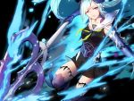  1girl alternate_costume aqua_hair armor blue_eyes breasts fate/empire_of_dirt fate/grand_order fate/prototype fate/prototype:_fragments_of_blue_and_silver fate_(series) hair_over_one_eye lancer_(fate/prototype_fragments) long_hair solo swd3e2 weapon 