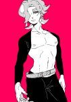  1boy belt chips-k contrapposto cowboy_shot eyebrows greyscale hair_over_one_eye looking_to_the_side male_focus monochrome nagatekkou octarian pink_background shirtless splatoon takozonesu tentacle_hair thick_eyebrows 