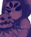  1girl bangs black_hair bob_cut bow bowtie character_name closed_mouth cupcake extra_ears extra_eyes eyelashes food heart holding holding_food hollow_eyes insect_girl looking_at_viewer monochrome monster_girl muffet namako_(akisamesyuuta) purple short_hair simple_background solo spider_girl twitter_username undertale upper_body white_background 