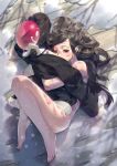  1girl balloon barefoot black_hair covered_mouth covering eyelashes full_body fur_trim hug jacket jacket_removed karasu-san_(syh3iua83) long_hair looking_at_viewer lying nude on_floor on_side original red_eyes shadow smiley_face snow snowing solo stitches tree_shade 