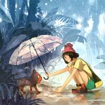  1girl bag beanie black_hair female_protagonist_(pokemon_sm) gemi hat kneeling litten_(pokemon) plant pokemon pokemon_(game) pokemon_sm rain shorts umbrella 